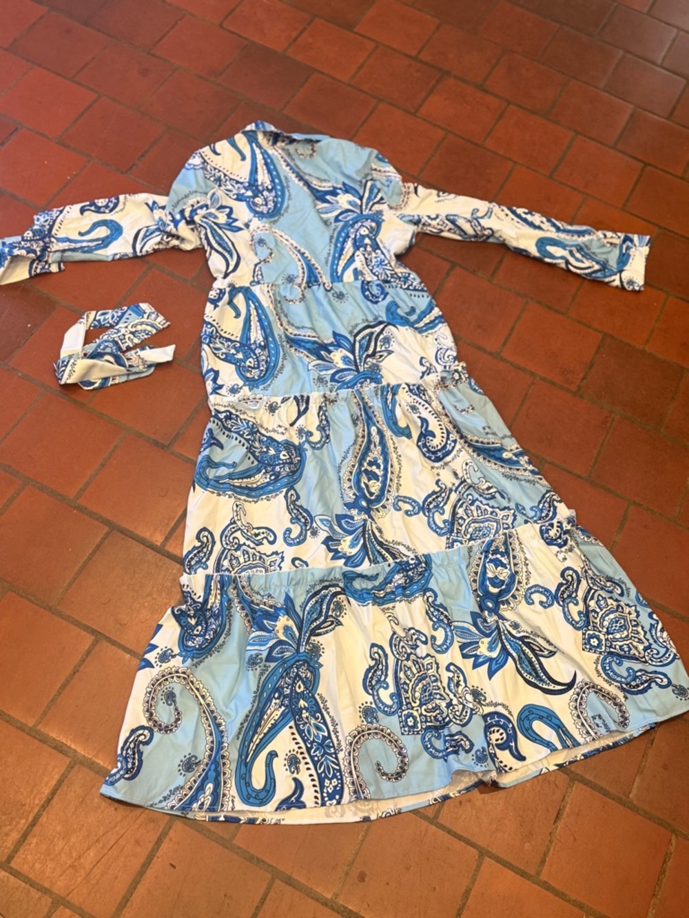 Blue Paisley Maxi Shirt Dress with Tie Waist - Picture 6 of 8